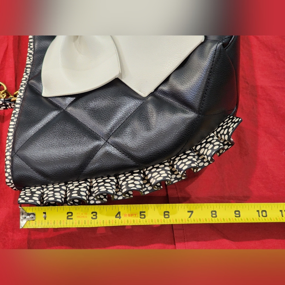 Betsey Johnson | Frenchie Bull Dog Bow Vegan Leather Quilted Tote | Black/White - Picture 12 of 14